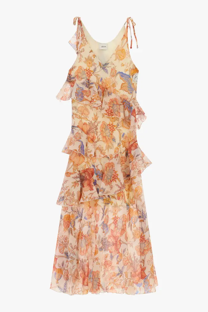 Dixie Abito lungo stampa fiori con balze e spalline