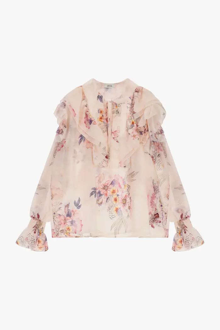Dixie Blusa a fiori con volant manica lunga