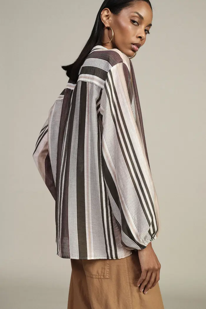 Blusa a righe con maniche ampie e scollo tondo miniatura 3