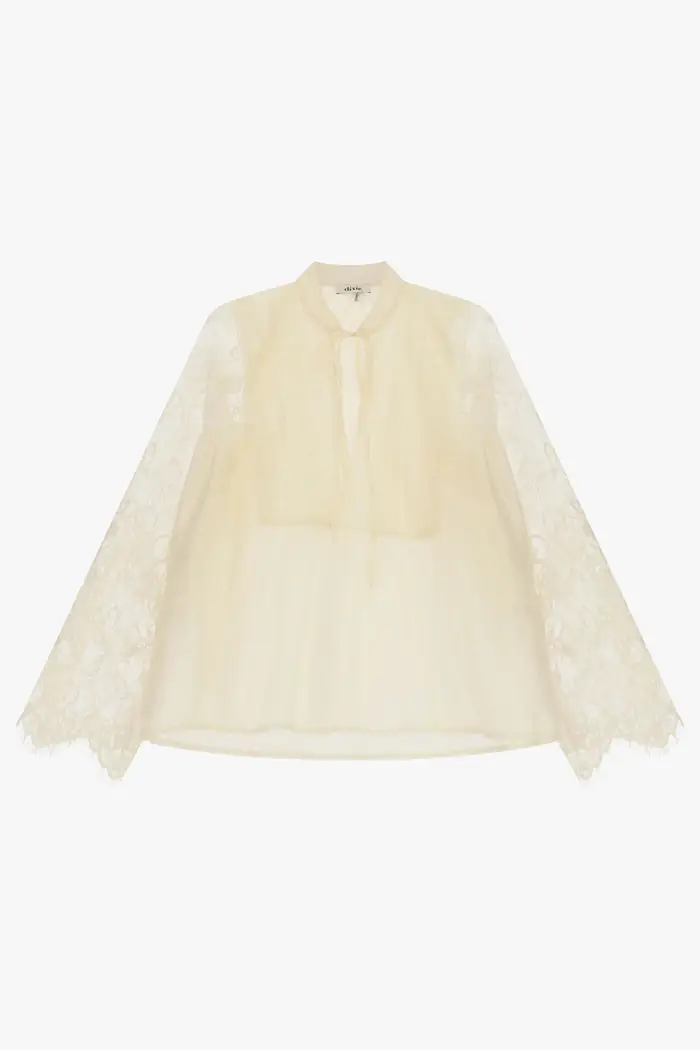 Blusa ampia con maniche in pizzo e colletto alla coreana