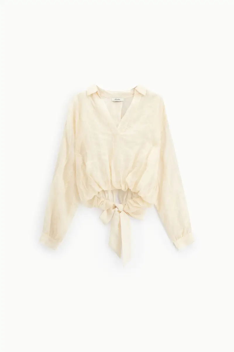 Dixie Blusa con maniche lunghe, collo piccolo e nodo frontale