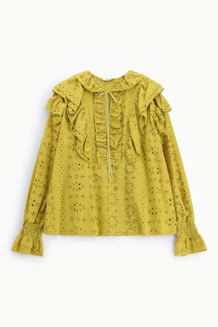 Blusa sangallo con volant e maniche lunghe