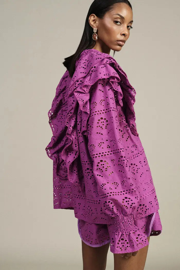 Blusa sangallo con volant e maniche lunghe miniatura 3