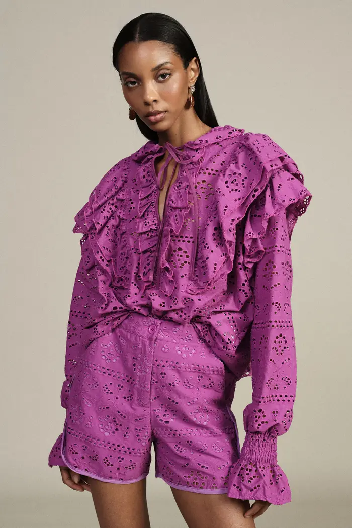 Blusa sangallo con volant e maniche lunghe miniatura 4