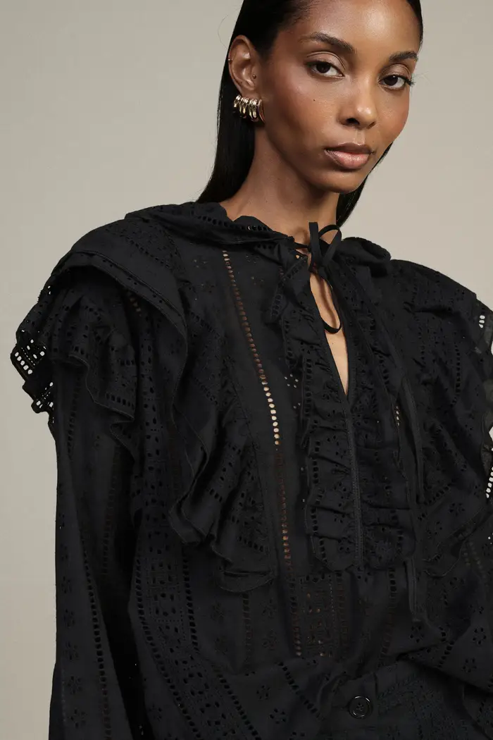 Blusa sangallo con volant e maniche lunghe miniatura 3