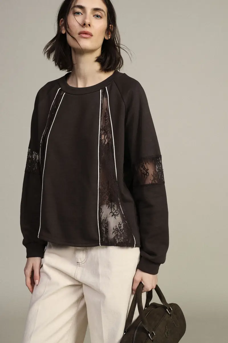 Dixie Felpa girocollo con inserti in pizzo e profili