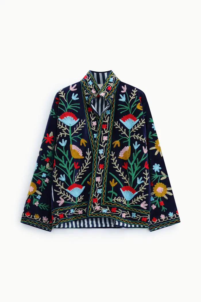 Giacca camicia ricamata fiori fit dritto