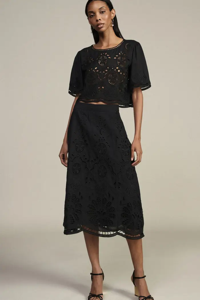 Gonna midi traforata vita alta motivo floreale miniatura 2