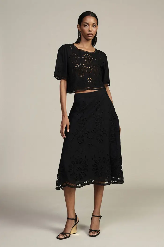 Gonna midi traforata vita alta motivo floreale miniatura 4