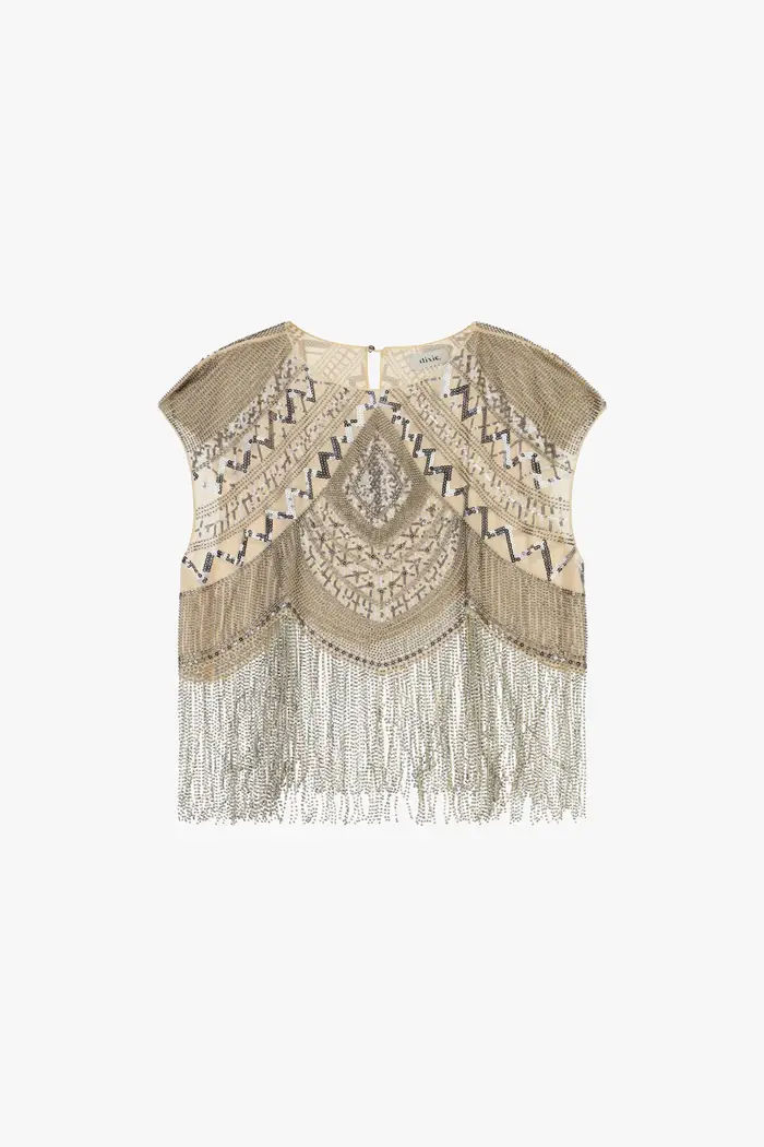 Dixie Top con frange corte e ricamo geometrico