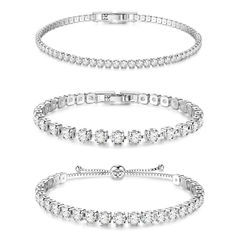 Dochais 3 Pezzi Set Bracciale Tennis Argento Donna, Bracciale Tennis Zirconi, Braccialetto con Strass, Braccialetti