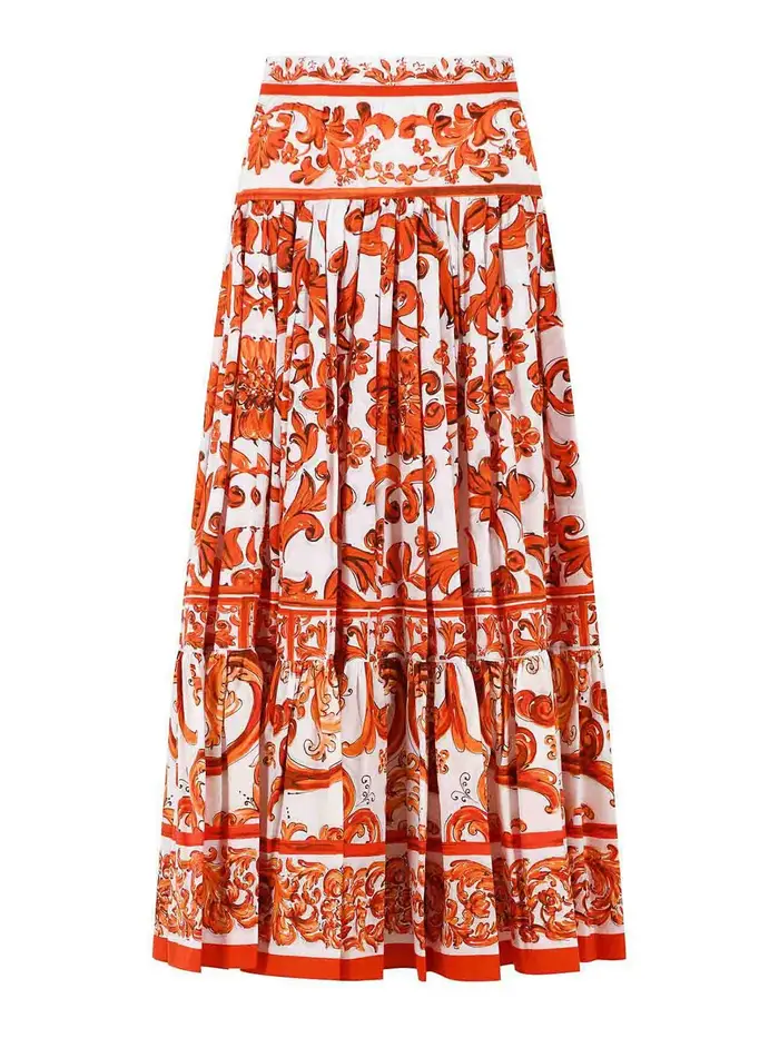 Dolce & Gabbana Gonna Lunga In Popeline Stampa Maioliche Arancione