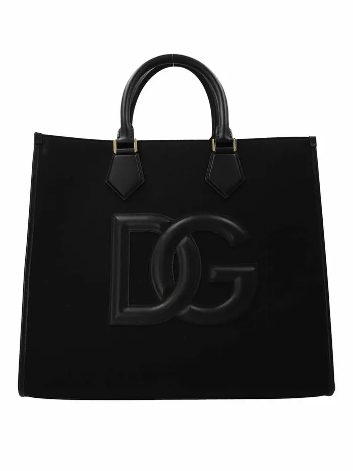 Shopper in canvas con logo in pelle Nero