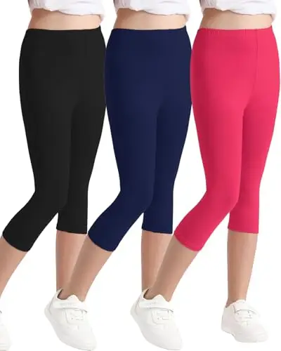 Domee Leggings 3/4 Pinocchietti Pantaloni Corti Cotone Estivi Bambina 3 Pack, Nero Marino Rosa