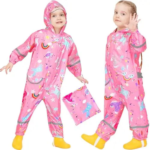 Domueay Tuta Impermeabile Bambina Antipioggia Completo Leggero Tutto in Uno Portatile Giacca Ragazze 7