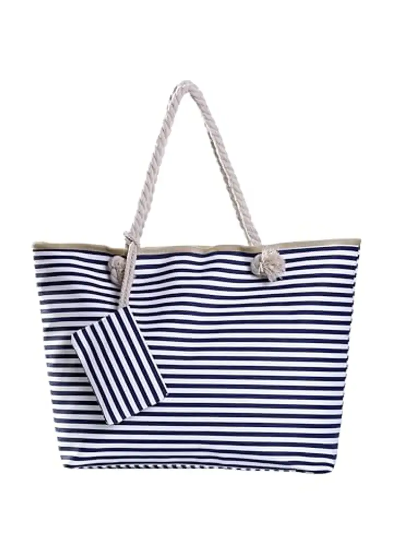 DonDon Borsa da spiaggia grande con cerniera 58 x 38 x 18 cm shopper stile marino con strisce bianche e azzurro scuro