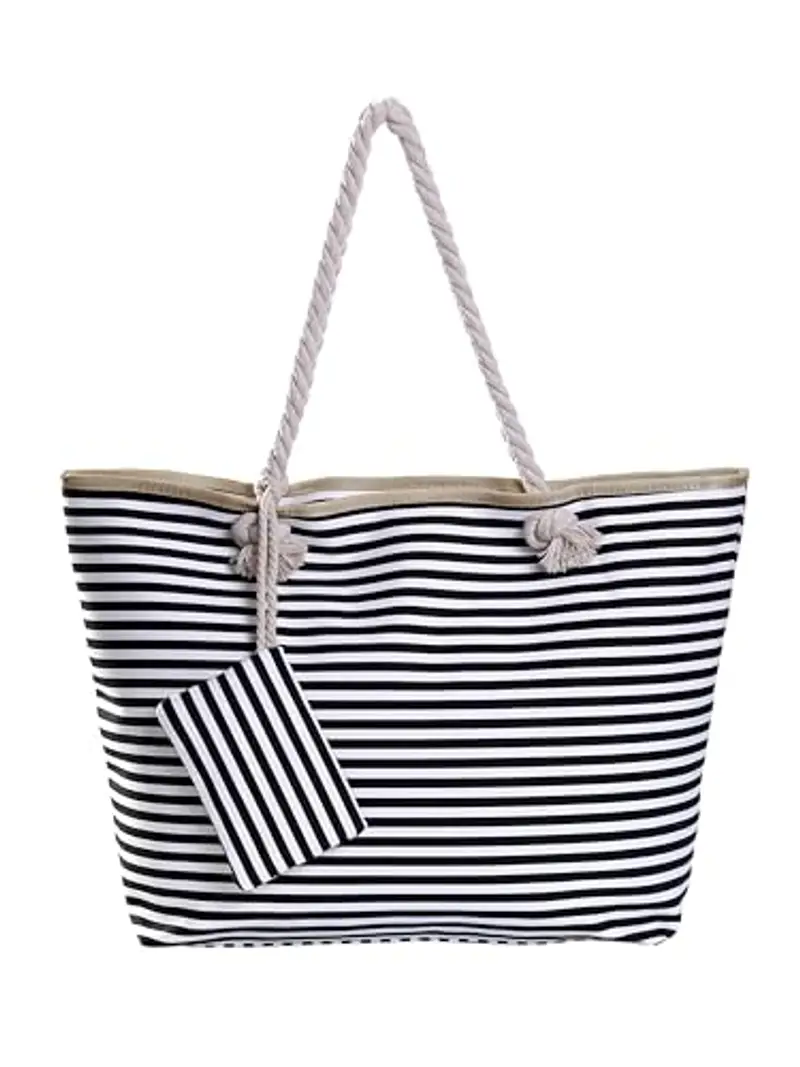 DonDon Borsa da spiaggia grande con cerniera 58 x 38 x 18 cm shopper stile marino con strisce bianche e nere
