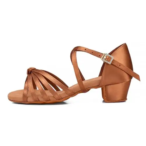 TRIWORIAE Donna Bambina Scarpe da Ballo Latino/Ballo da Sala/Ballo Liscio Danza Moderna Scarpe da Raso Nodo Marrone