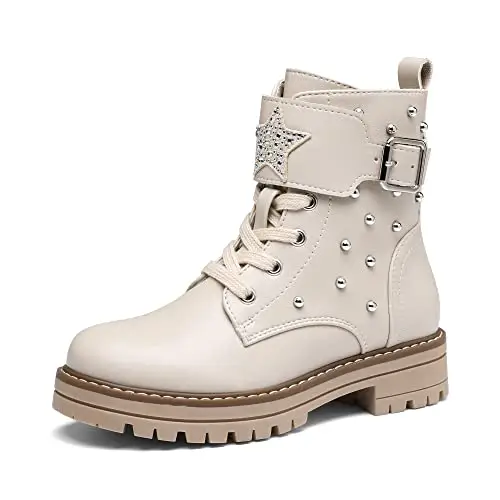 DREAM PAIRS Kids Ragazze Moda Stivali Bambine Caldo Inverno Stivaletti Stringati per Bambina,, Beige/Pu, SDBO2231K