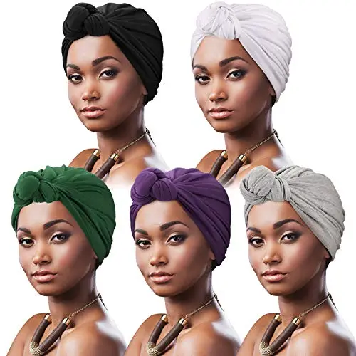 DRESHOW 5 Pezzi Donna Africana Turbante Sciarpa Avvolge Testa Boho Turbante Elastico Annodato Berretto Pre-annodato
