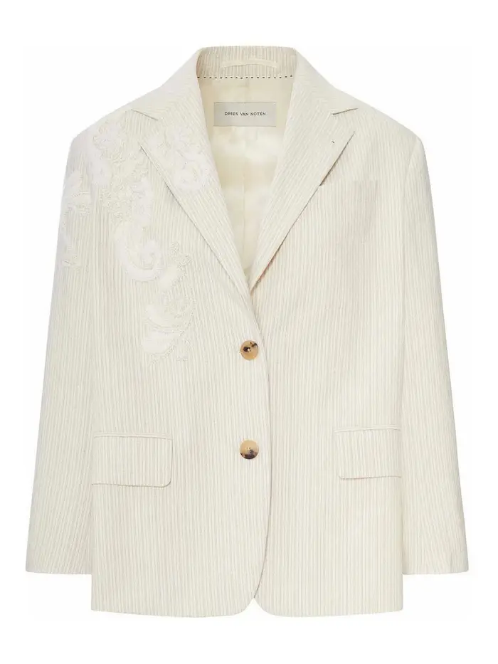 Dries Van Noten Giacca Monopetto Con Ricami Floreali Color Carne E Neutri