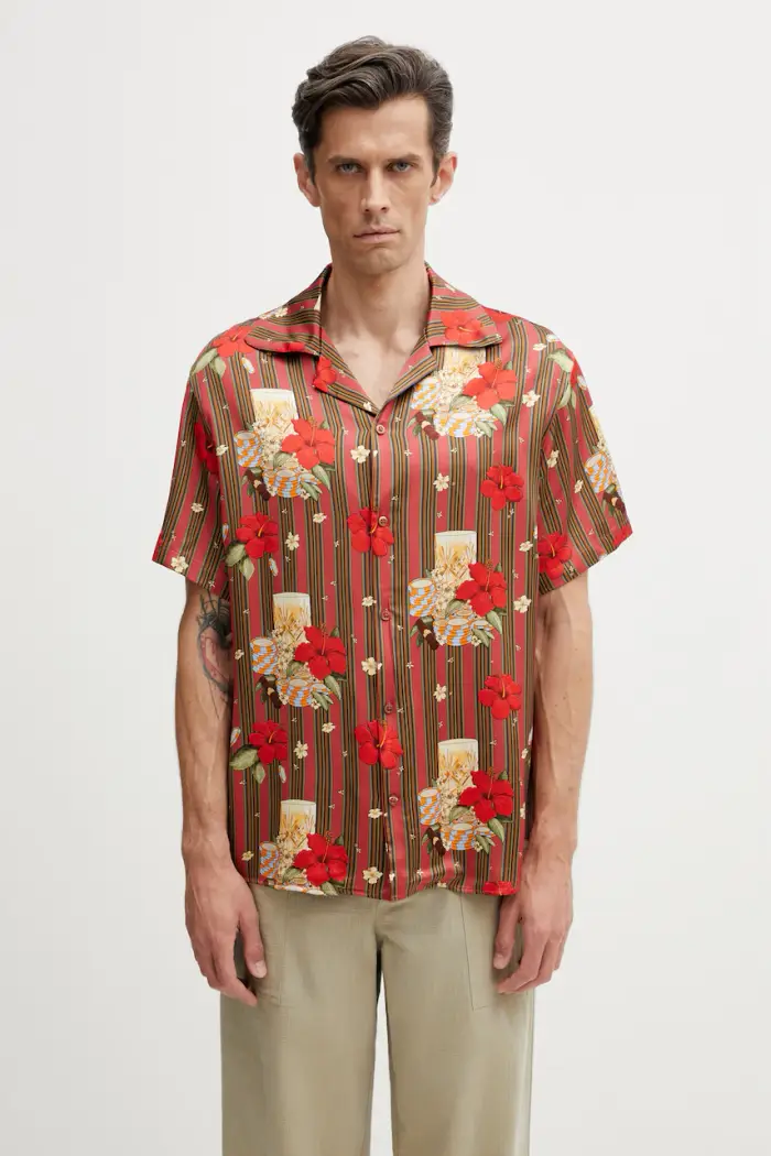Drôle de Monsieur camicia da uomo in viscosa Hibiscus Club Rosso