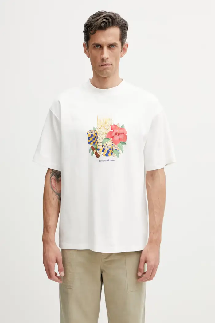 Drôle de Monsieur t-shirt da uomo in cotone Hibiscus Club Beige