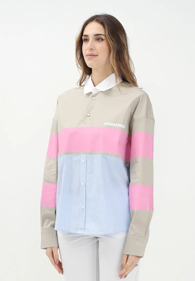 Dsquared2 Camicia a manica lunga beige per donna e bambina con stampa logo e inserti a contrasto