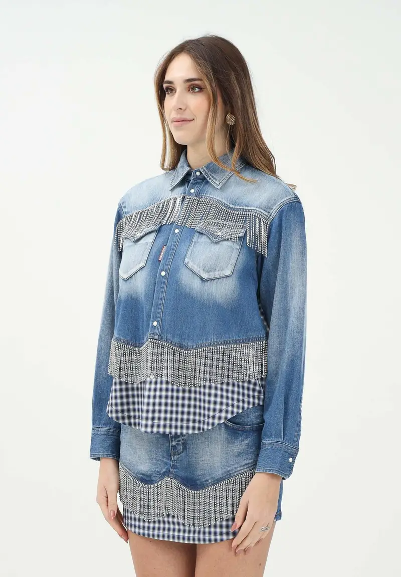 Dsquared2 Camicia a manica lunga in denim blu per donna e bambina con inserti in tessuto e strass