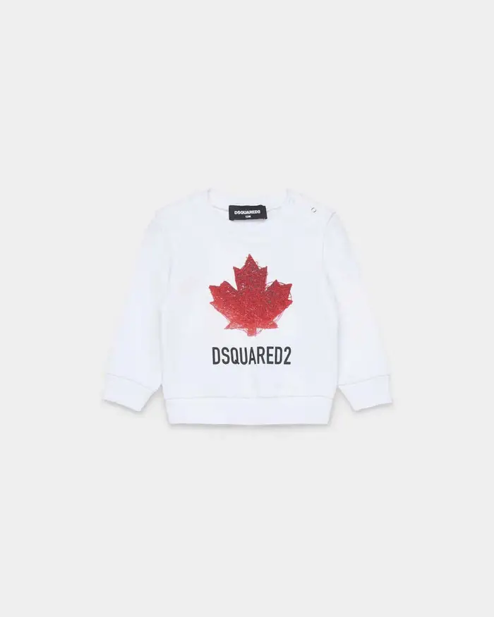 Dsquared2 Felpa girocollo bianca in puro cotone con maxi foglia logo