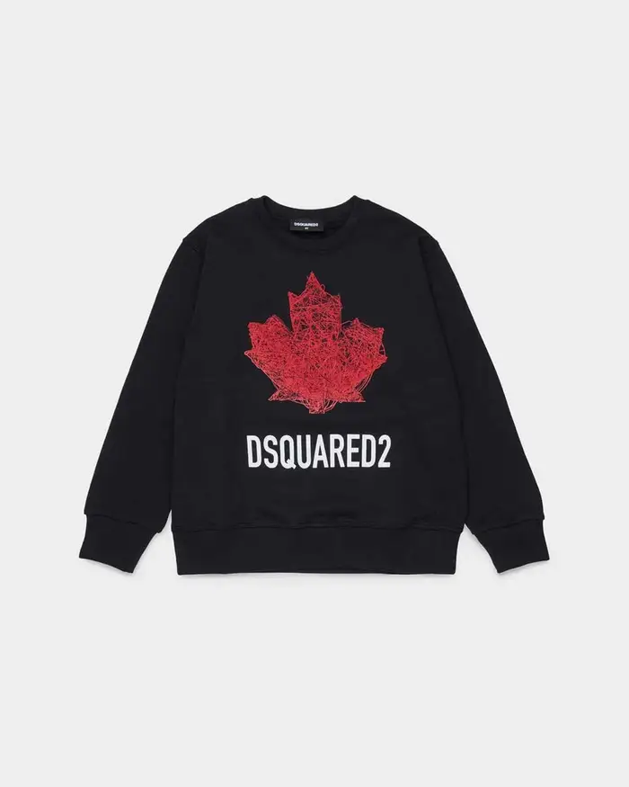 Dsquared2 Felpa girocollo nera in puro cotone con maxi foglia logo rossa