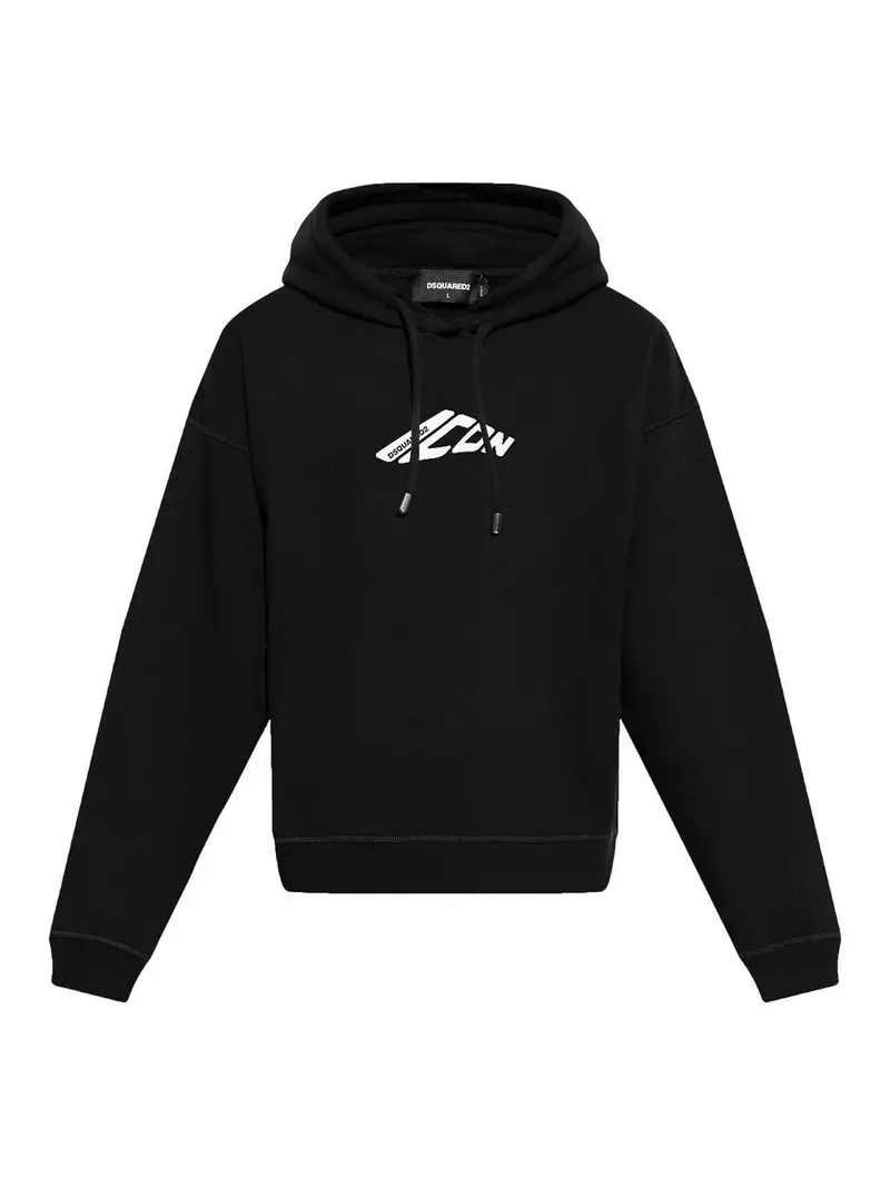 Dsquared2 Felpa In Misto Cotone Con Cappuccio E Stampa Nero