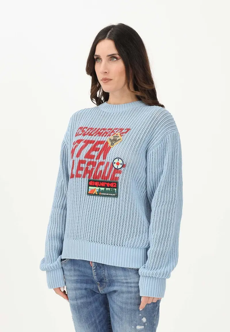 Dsquared2 Maglioncino girocollo celeste per donna, bambino e bambina con maxi logo e patch