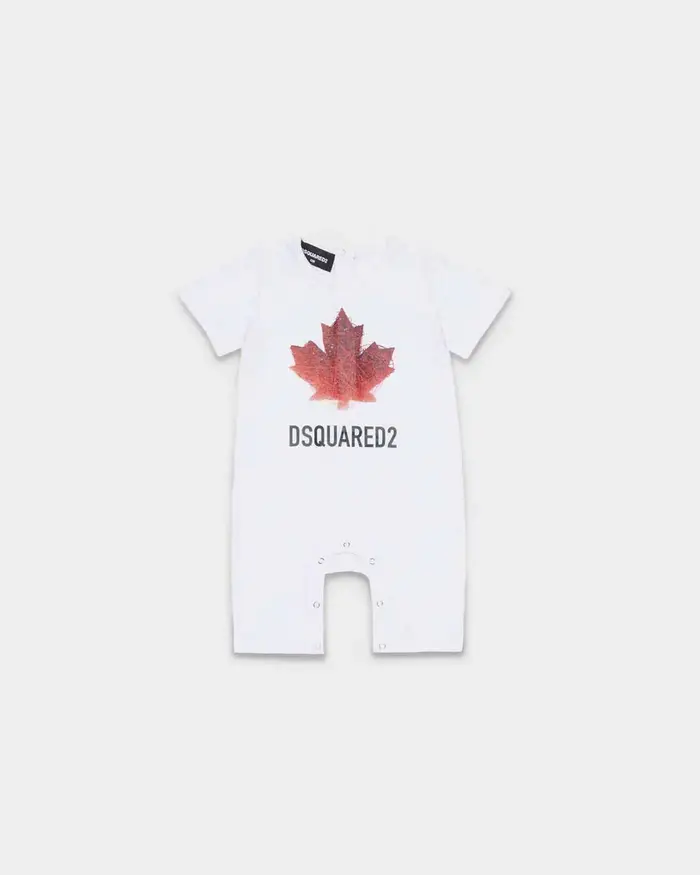 Dsquared2 Pagliaccetto bianco in cotone stratch con foglia logo icon