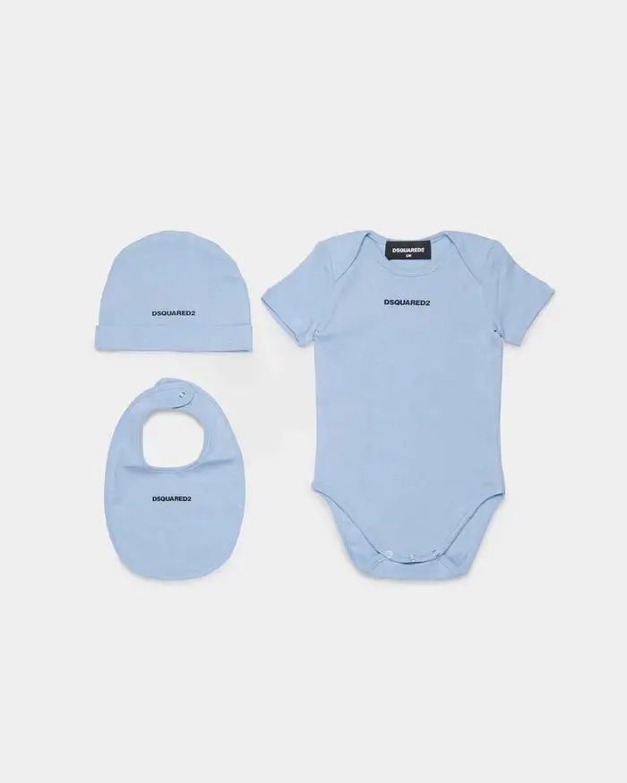 Dsquared2 Set tre pezzi azzurro con body bavaglino e berretto