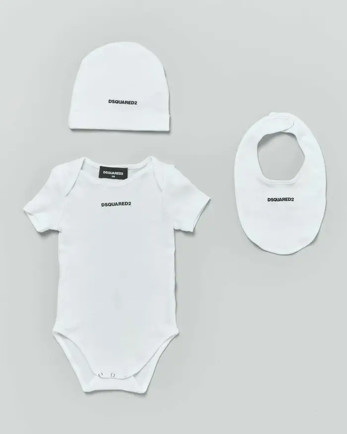Dsquared2 Set tre pezzi bianco con body bavaglino e berretto