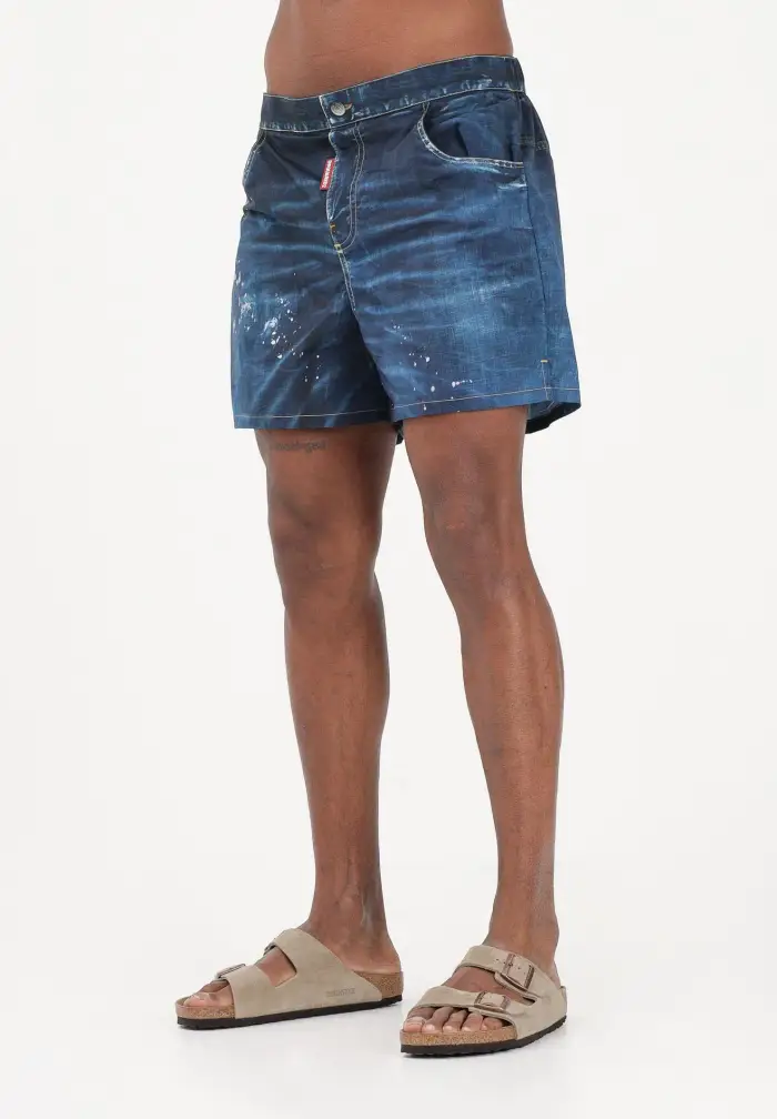 Dsquared2 Shorts mare blu da uomo effetto denim con dettagli used