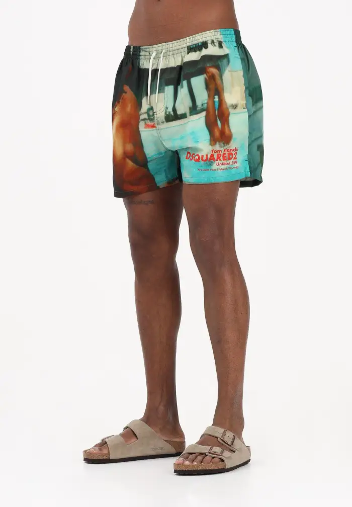 Dsquared2 Shorts mare multicolore da uomo con stampa fotografica all-over