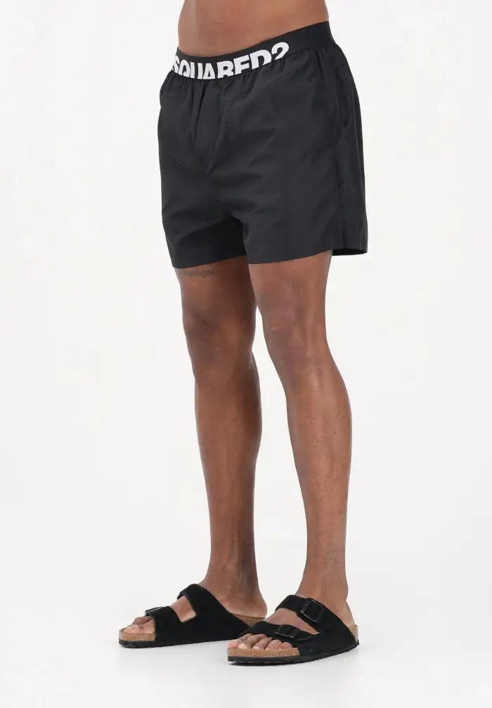 Dsquared2 Shorts mare nero da uomo con logo in vita