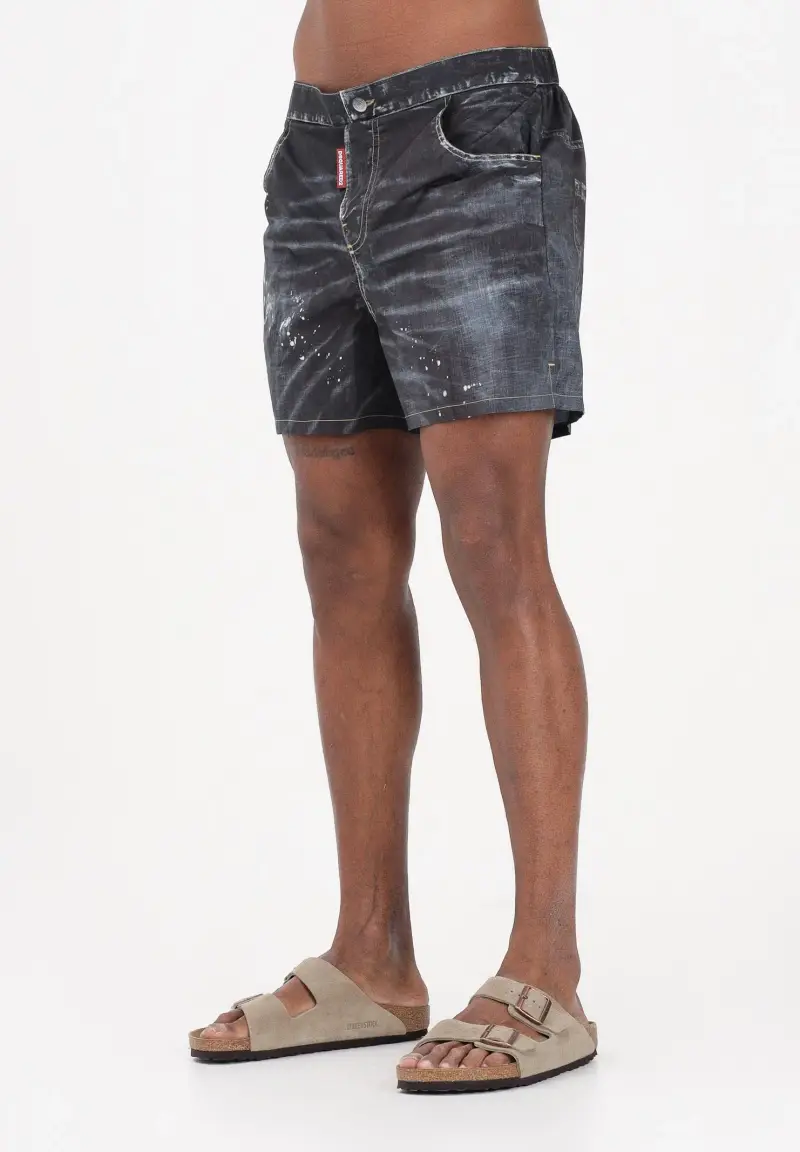 Dsquared2 Shorts mare nero da uomo effetto denim con dettagli used