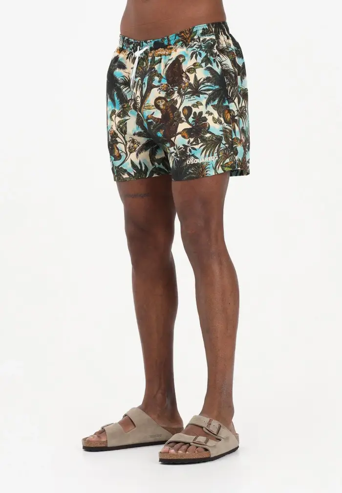 Dsquared2 Shorts mare verde militare da uomo con stampa tropicale