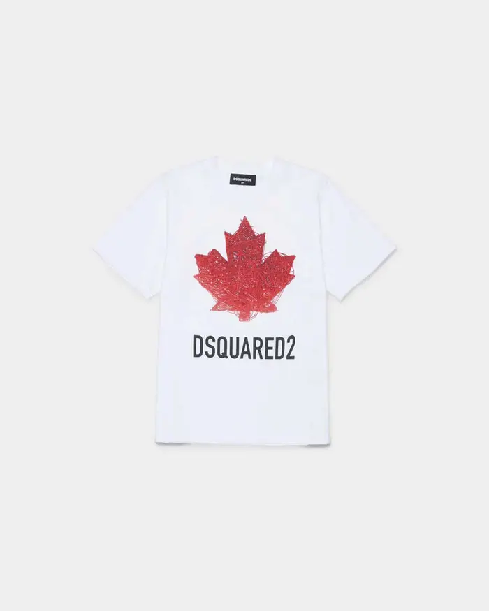 Dsquared2 T-shirt bianca in puro cotone con foglia logo rossa