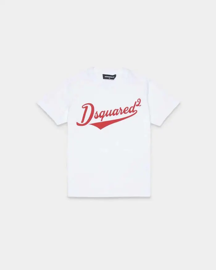 Dsquared2 T-shirt bianca in puro cotone con scritta logo rossa