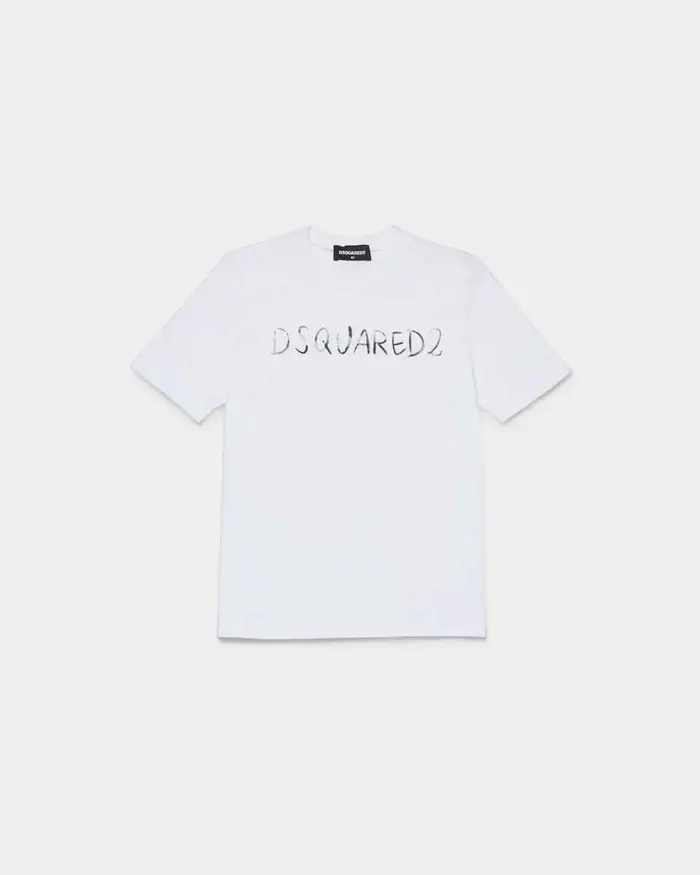 Dsquared2 T-shirt bianca in puro cotone con scritta logo sfumata