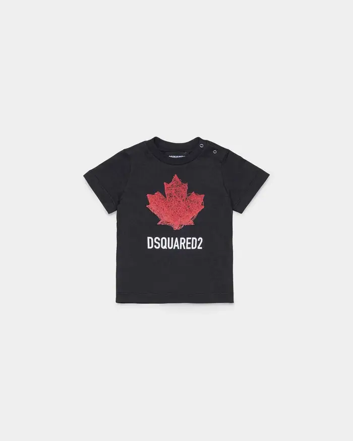 Dsquared2 T-shirt nera in puro cotone con foglia logo rossa