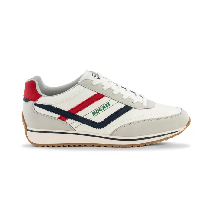 DUCATI Sneakers bianche da uomo con dettagli tricolore e inserti effetto scamosciato