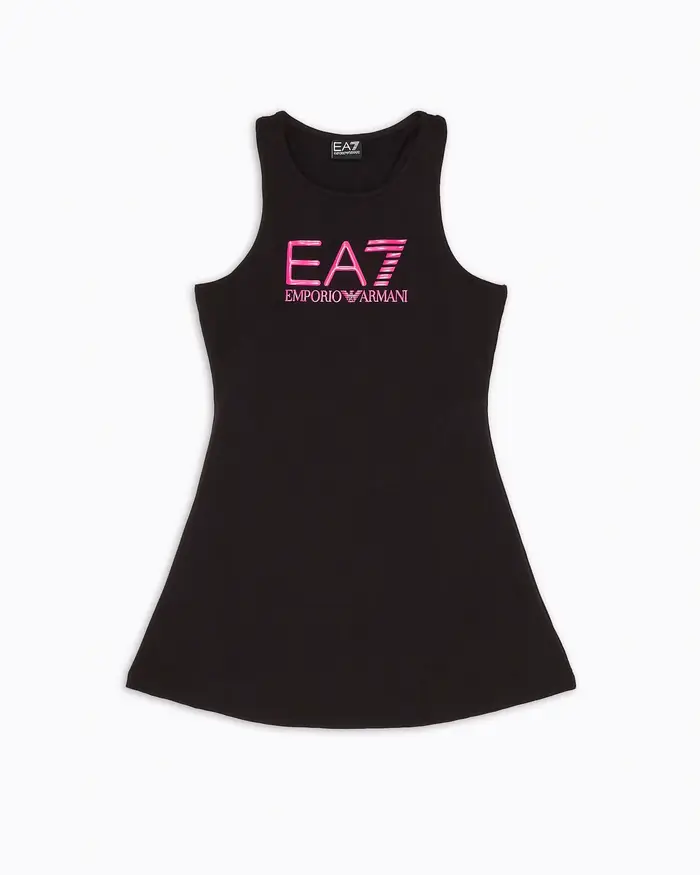 Abito smanicato nero sportivo con logo EA7 fuxia
