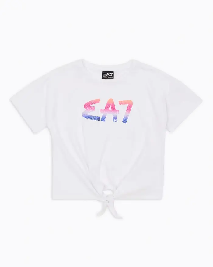 T-shirt EA7 Junior bianca cropped con nodo e logo in pailettes multicolor