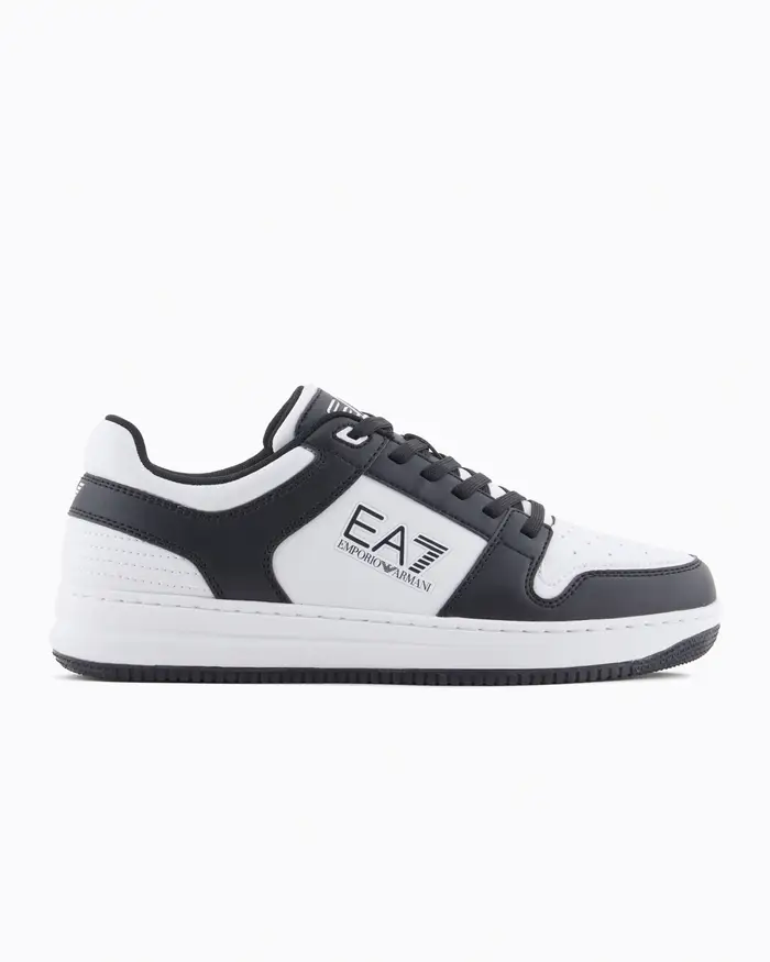 Sneakers bianche e nere in similpelle con logo a lato