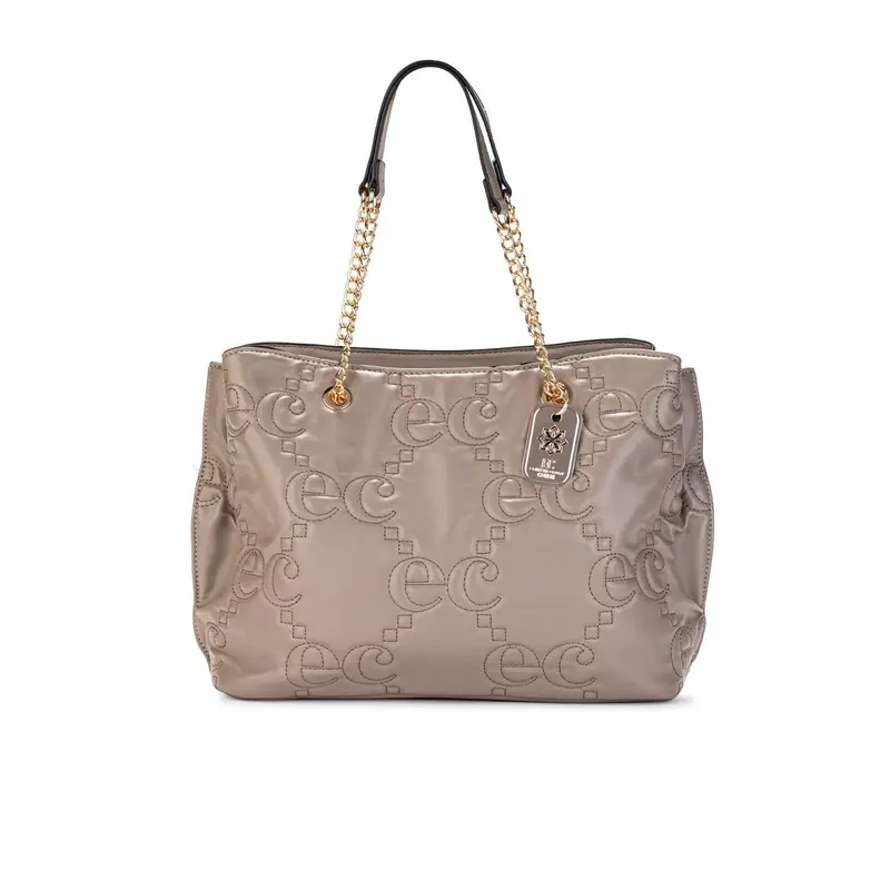 EC CONTEMPORARY COVERI Shopper beige da donna con stampa multilogo e manico dettaglio catena